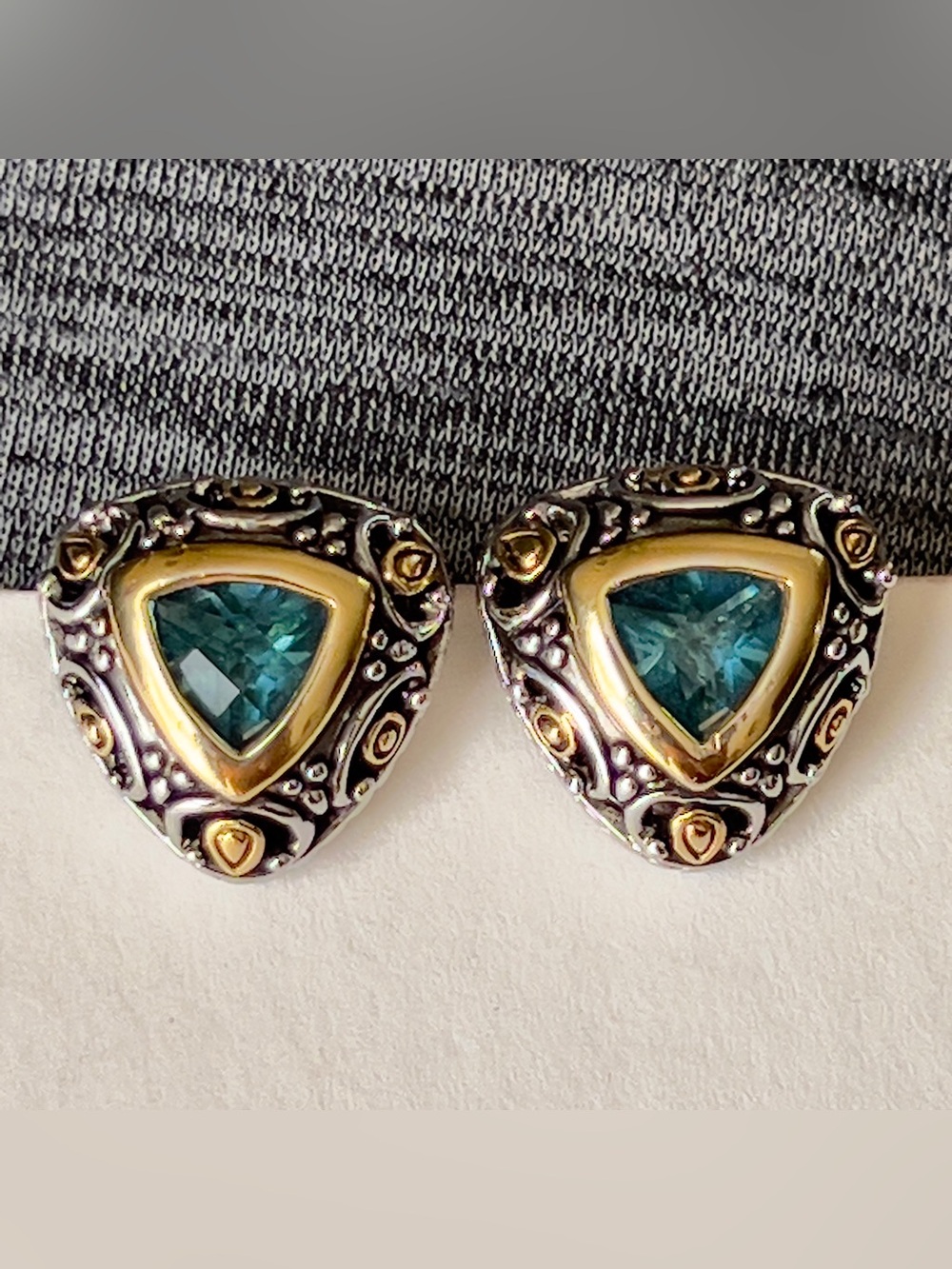 Vintage TJ Two Tone Blue Topaz CZ Trillion Clip On Earrings Renaissance Shield 1